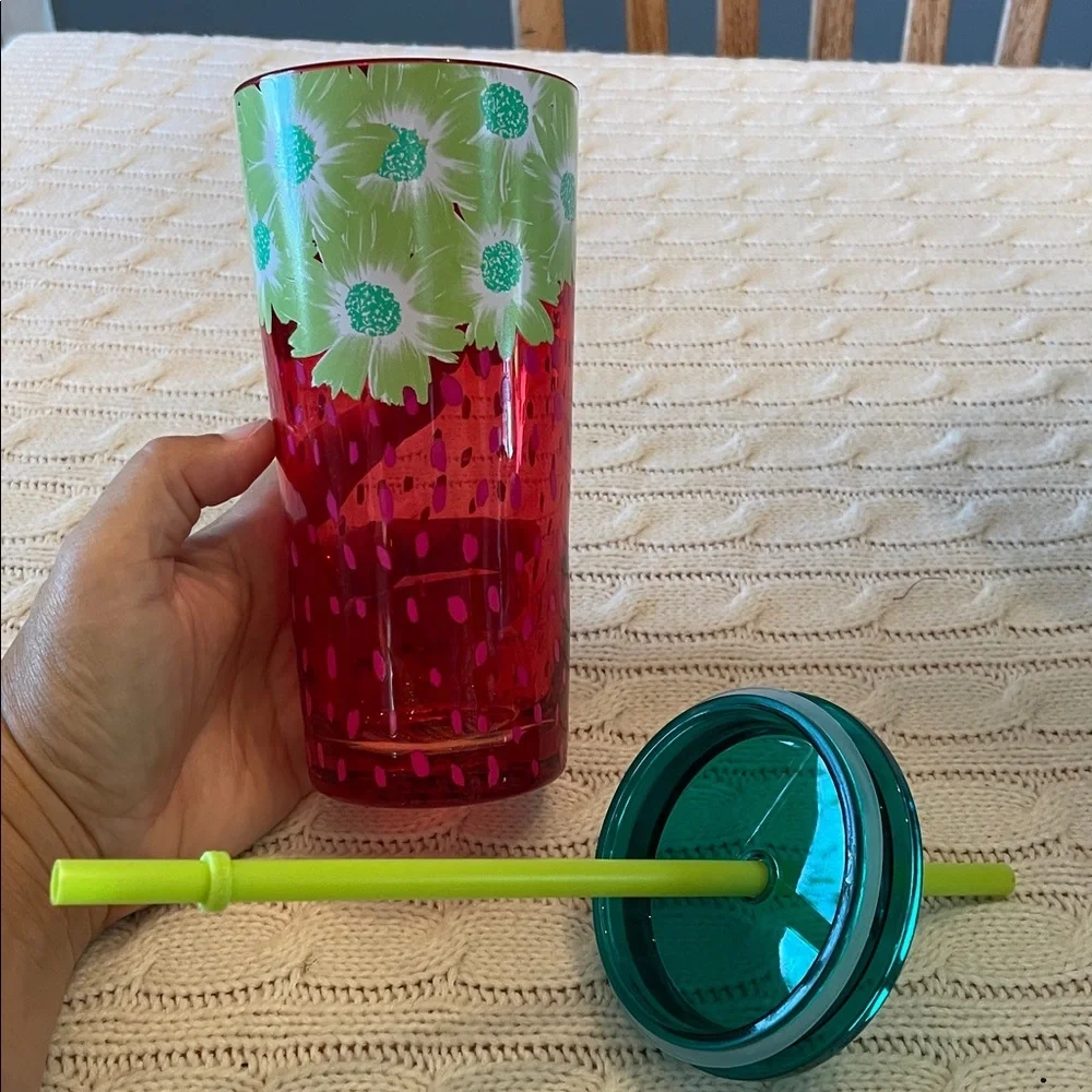 2022 Starbucks strawberry glass tumbler w/ lid and straw. Excellent condition
